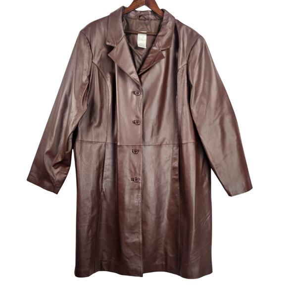 Roaman's Leather Long Coat Womens SZ 26 (2X) Brown Button Front Fully Lined EUC - Picture 1 of 16